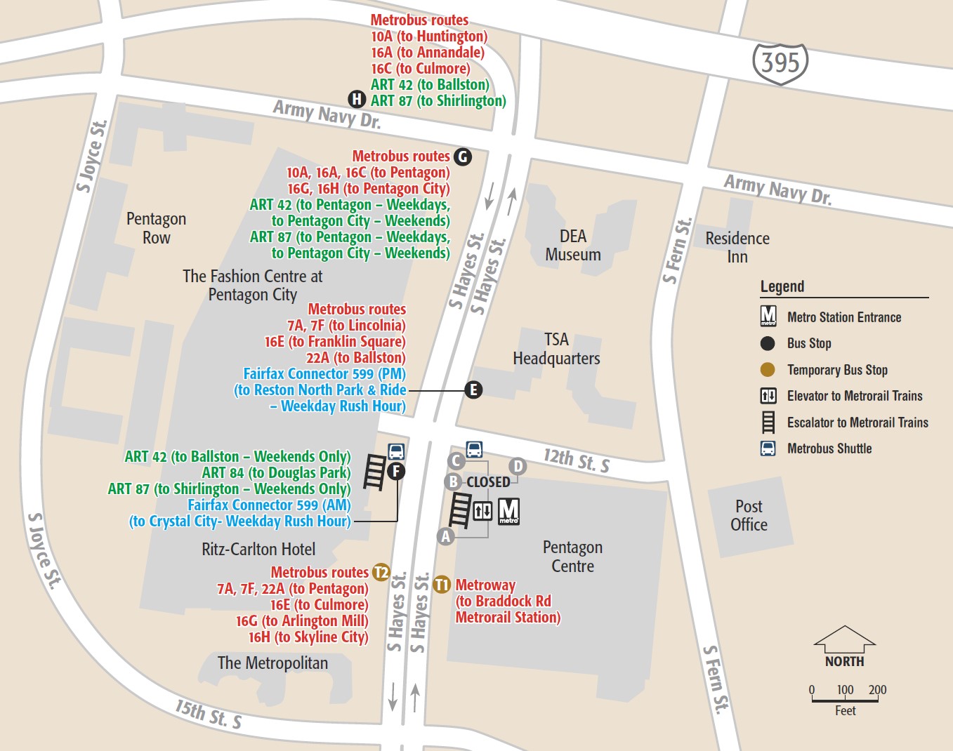 Map showing the temporary bus bay assignments at the Pentagon City Metro station starting on July1