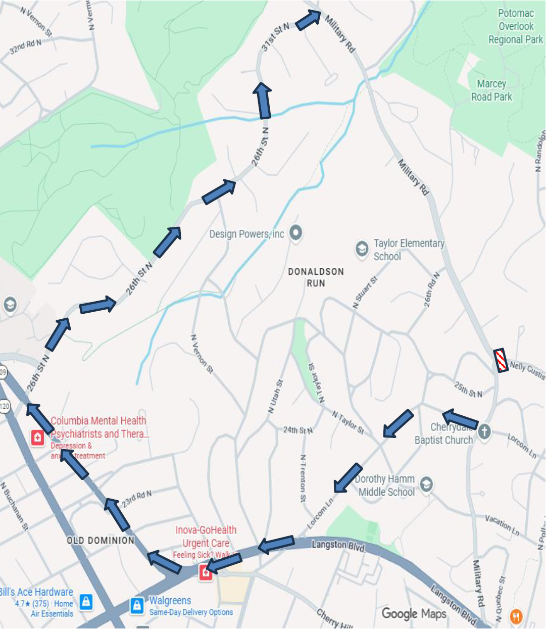 Military Rd and custis dr detour map