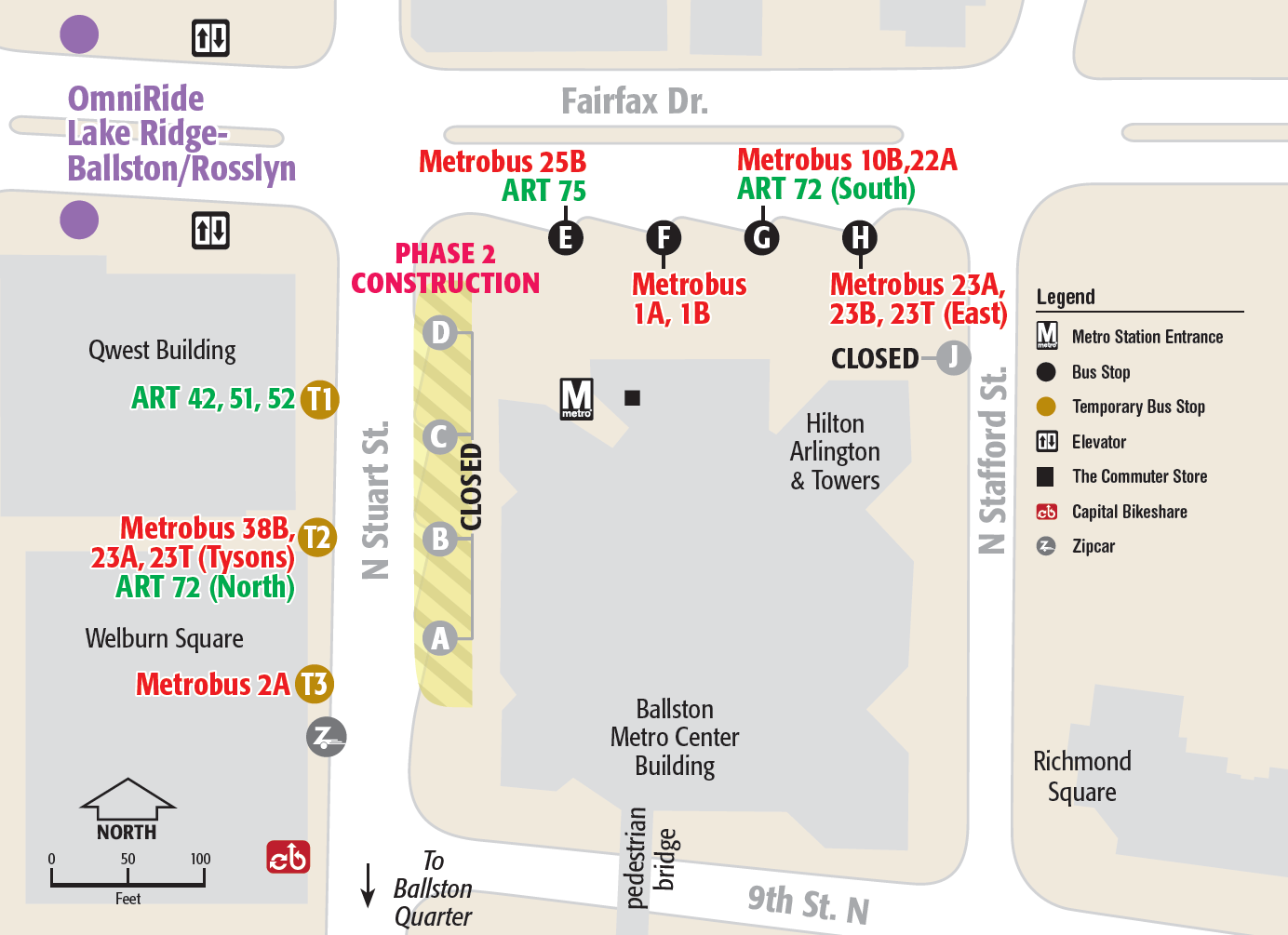 Map of Ballston Metro Station showing relocated bus stops