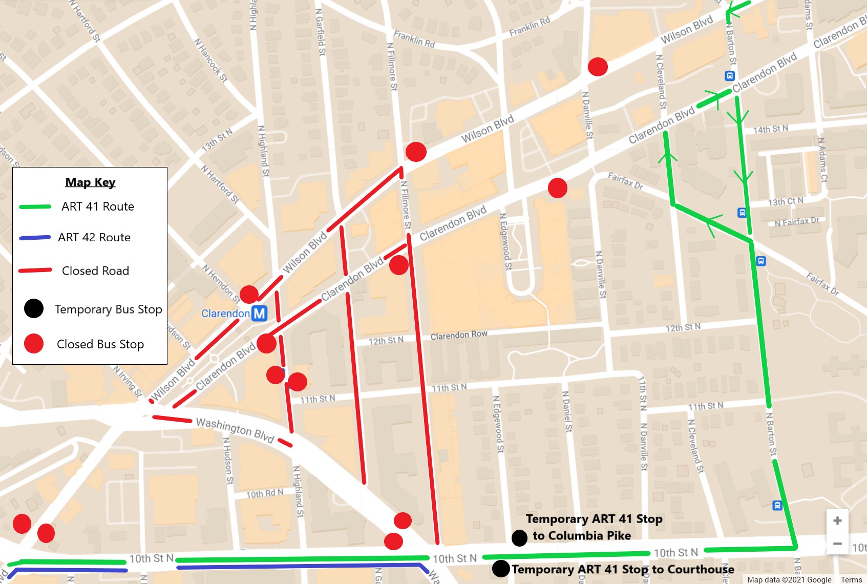 Map of Clarendon showing ART 41 & 42 detours and closed bus stops