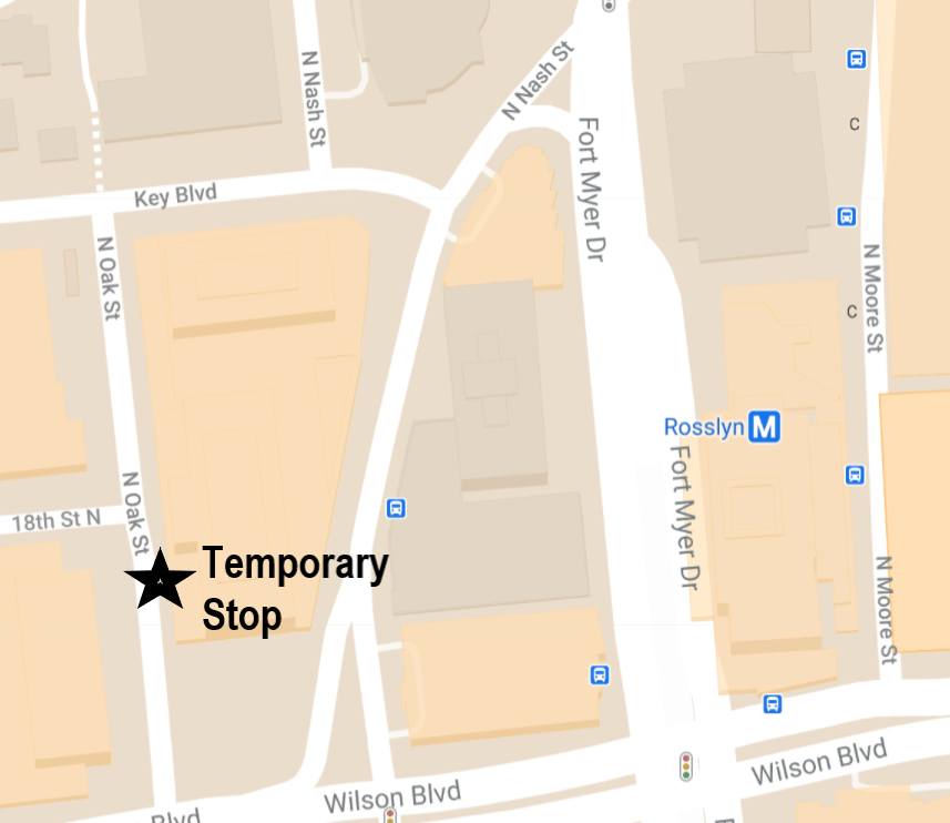 Map showing temporary bus stop on N Oak Street